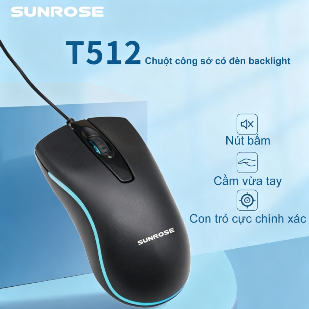 Chuột có dây tiện dụng Sunrose T512, có đèn nền LED chiếu sáng, nhấp chuột im lặng, Bánh xe cuộn chống trượt 3D, 1000DPI, Plug & Play, Di động để làm việc và chơi game văn phòng