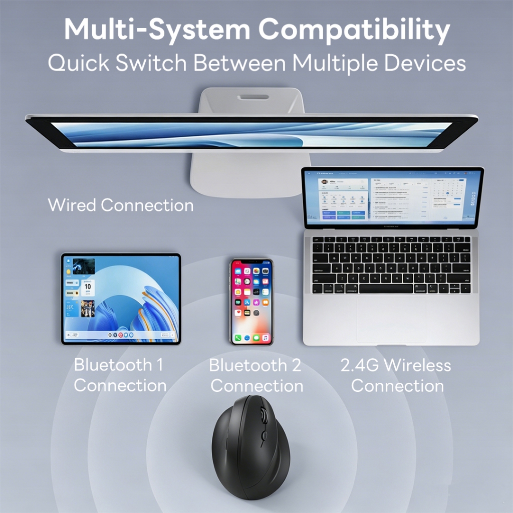 SUNROSE FR02 Chuột công thái học, Chuột dọc tiện dụng Tri-Mode có dây + 2.4G + Bluetooth, Màn hình hiển thị nguồn nhấp chuột im lặng Đèn nền RGB để giảm đau cổ tay & Văn phòng / Chơi game Chuột ergonomic