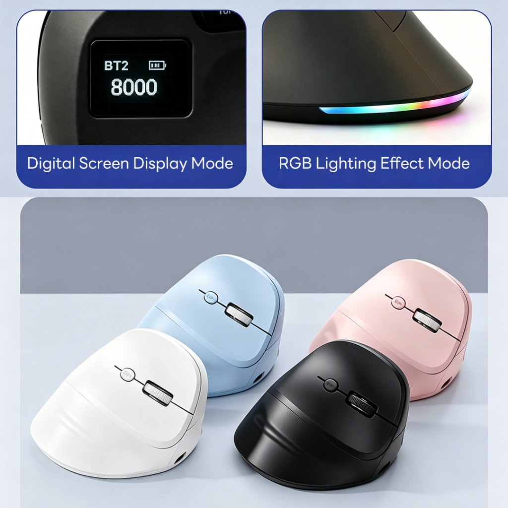 SUNROSE FR02 Chuột công thái học, Chuột dọc tiện dụng Tri-Mode có dây + 2.4G + Bluetooth, Màn hình hiển thị nguồn nhấp chuột im lặng Đèn nền RGB để giảm đau cổ tay & Văn phòng / Chơi game Chuột ergonomic