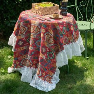 Khăn trải bàn không khí phong cách INS | Hoa cổ điển + Ren Trim Phong cách mục vụ màu xanh lá cây để cắm trại ngoài trời / Dã ngoại / Bàn cà phê