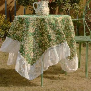 Khăn trải bàn không khí phong cách INS | Hoa cổ điển + Ren Trim Phong cách mục vụ màu xanh lá cây để cắm trại ngoài trời / Dã ngoại / Bàn cà phê