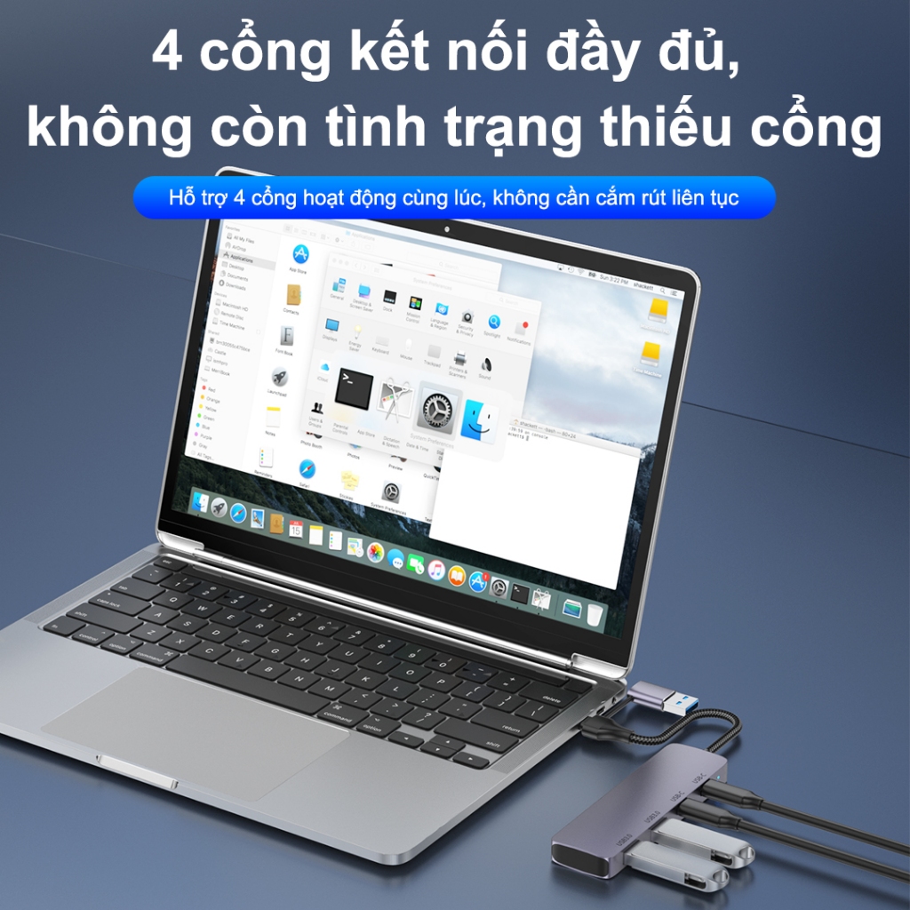 Sunrose Hub USB 3.0 Type-C 4 trong 1, Truyền dữ liệu tốc độ cao 5Gbps, Sạc nhanh 100W PD, Vỏ nhôm cao cấp, 4 cổng USB 3.0, Plug & Play, Tương thích với Windows / Mac / Linux, f