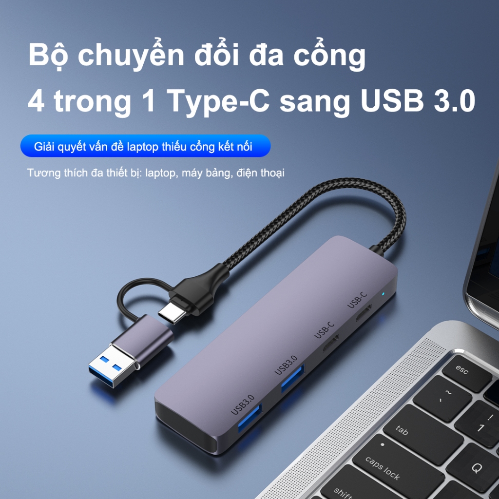 Sunrose Hub USB 3.0 Type-C 4 trong 1, Truyền dữ liệu tốc độ cao 5Gbps, Sạc nhanh 100W PD, Vỏ nhôm cao cấp, 4 cổng USB 3.0, Plug & Play, Tương thích với Windows / Mac / Linux, f