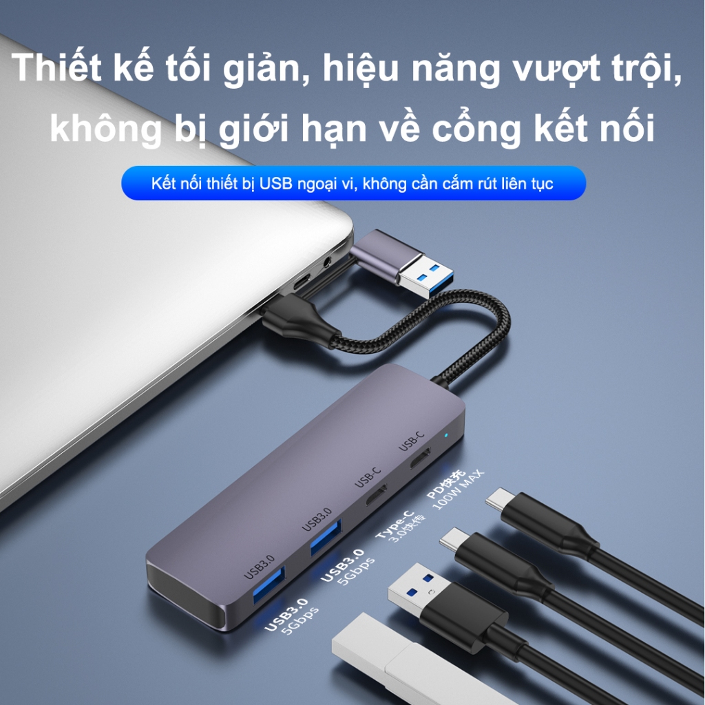 Sunrose Hub USB 3.0 Type-C 4 trong 1, Truyền dữ liệu tốc độ cao 5Gbps, Sạc nhanh 100W PD, Vỏ nhôm cao cấp, 4 cổng USB 3.0, Plug & Play, Tương thích với Windows / Mac / Linux, f