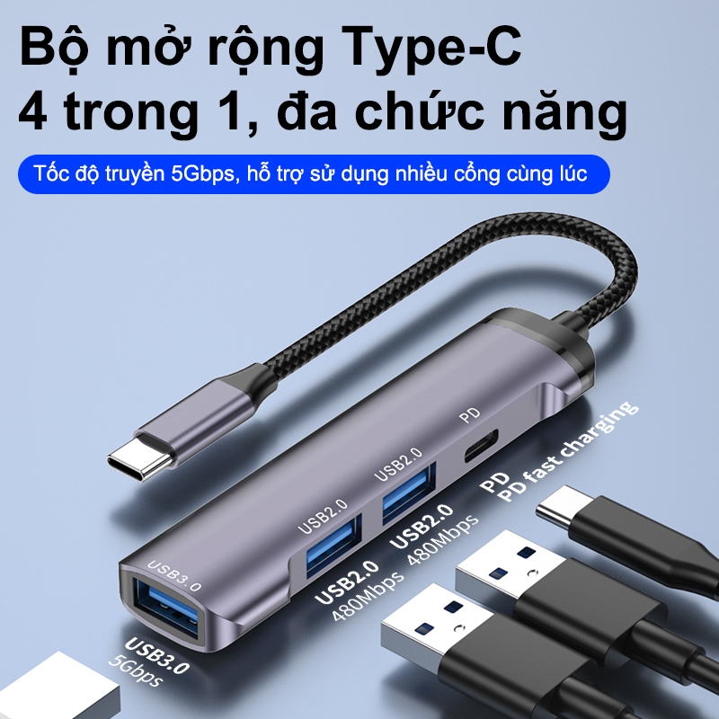 SUNROSE Bộ chuyển đổi trung tâm USB-C 4 cổng mở rộng 5Gbps Chuyển nhanh 100W PD Power Delivery Vỏ nhôm Plug & Play Bền xây dựng Kết nối thiết bị mượt mà cho máy tính xách tay, điện thoại