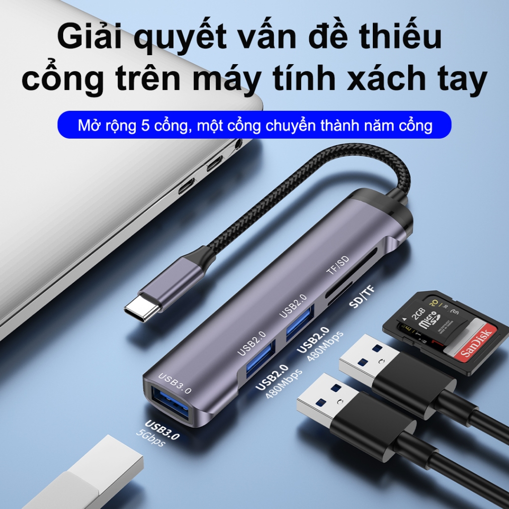 SUNROSE Trạm Docking Type-C 5 trong 1 USB 3.0 (5Gbps) + Dual USB 2.0 + TF / SD Khe cắm thẻ Hợp kim nhôm Di động nhỏ gọn Không có độ trễ Khả năng tương thích rộng cho Windows / Mac / Linux