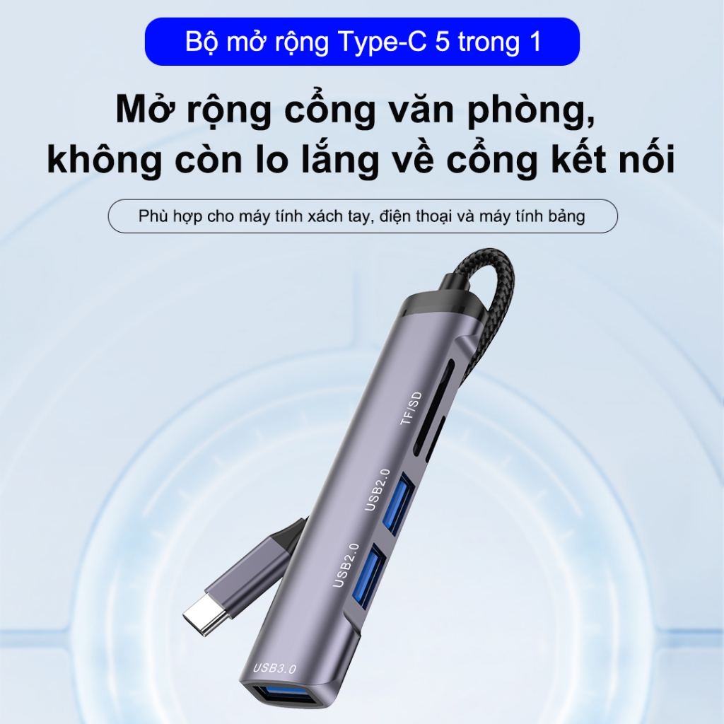 SUNROSE Trạm Docking Type-C 5 trong 1 USB 3.0 (5Gbps) + Dual USB 2.0 + TF / SD Khe cắm thẻ Hợp kim nhôm Di động nhỏ gọn Không có độ trễ Khả năng tương thích rộng cho Windows / Mac / Linux