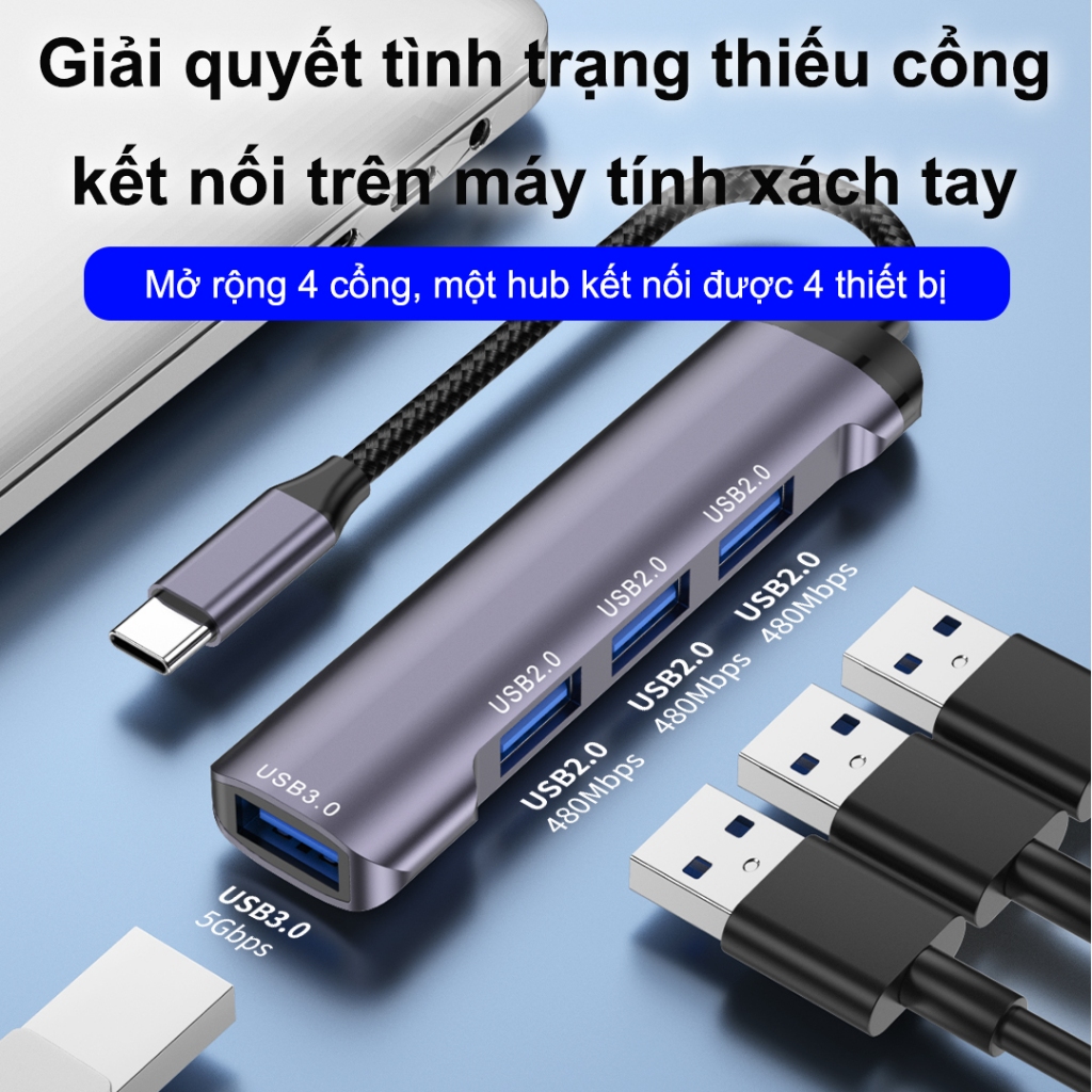 SUNROSE Type-C 4 cổng USB Hub, 1 USB 3.0 & 3 USB 2.0, Truyền dữ liệu tốc độ cao 5Gbps, Vỏ nhôm, Tương thích với Windows / Mac / Linux