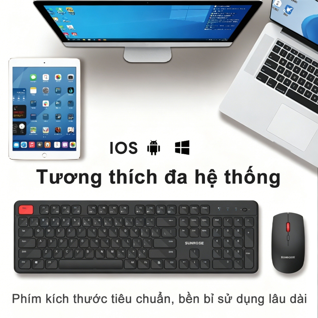 SUNROSE WT100 Bộ chuột bàn phím không dây Kết nối 2.4G Nút im lặng Động cơ quang học 1600 DPI Bộ bàn phím chuột không dây Slim Tiết kiệm điện nhiều màu tiện dụng Tương thích với Windows / Mac / Android