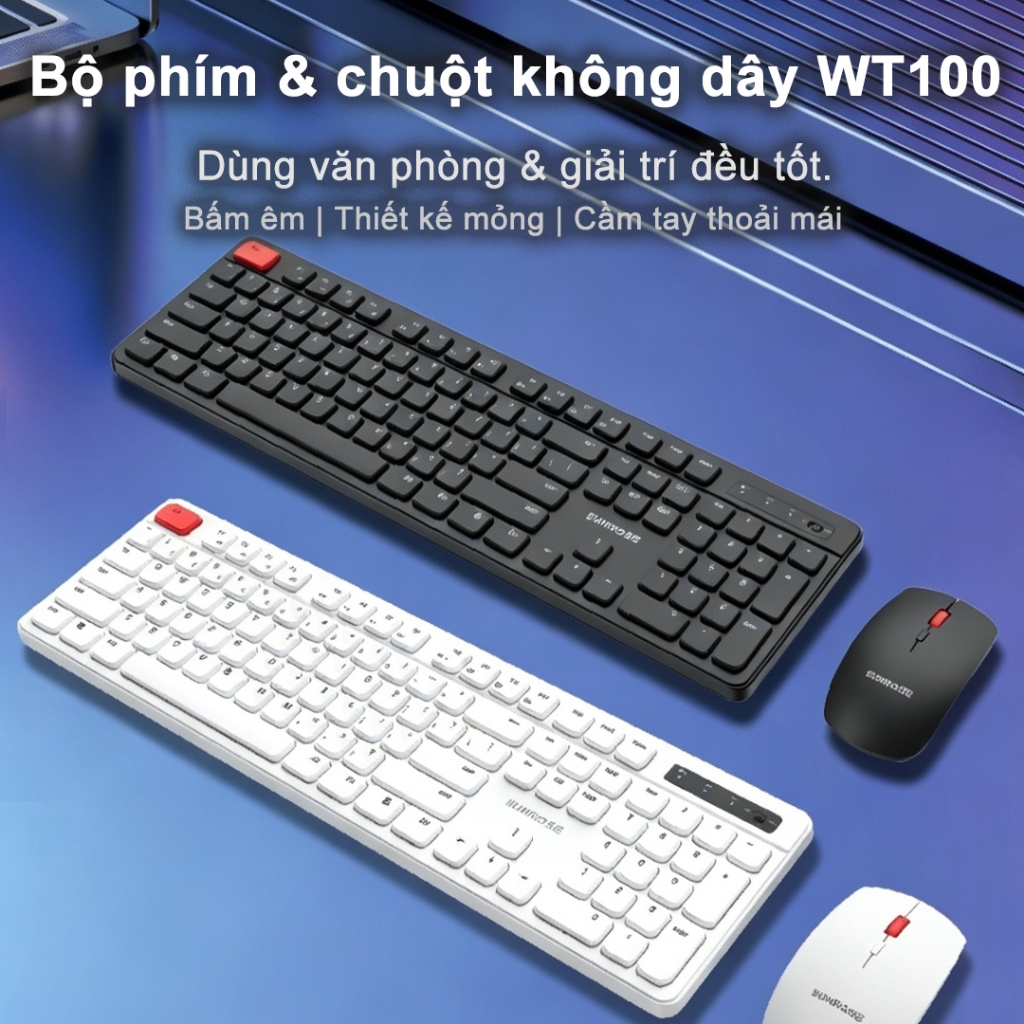 SUNROSE WT100 Bộ chuột bàn phím không dây Kết nối 2.4G Nút im lặng Động cơ quang học 1600 DPI Bộ bàn phím chuột không dây Slim Tiết kiệm điện nhiều màu tiện dụng Tương thích với Windows / Mac / Android