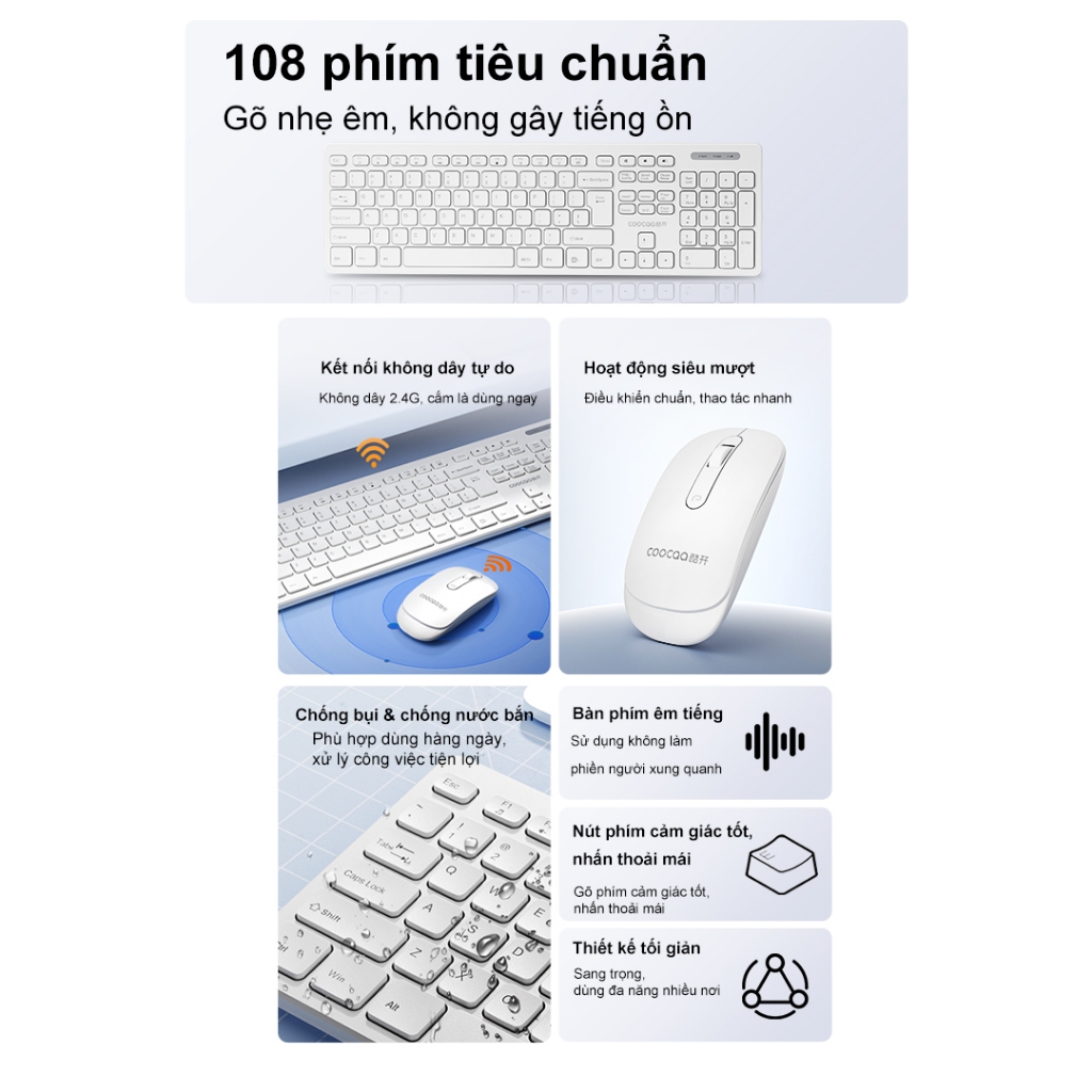 SUNROSE CAS-100 Bộ bàn phím chuột không dây 2.4G Không Dây 108 Phím Im Lặng Gõ 3 Cấp DPI (800 / 1200 / 1600) Bàn Phím Và Chuột Không Dây Chống Bụi, Keyboard mouse combo
