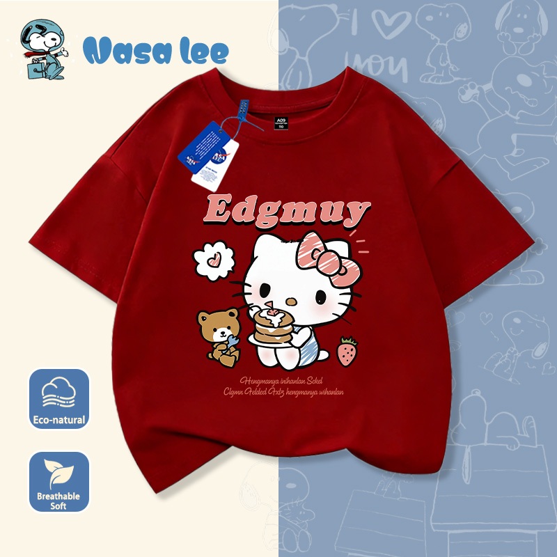 Áo thun bé gái màu đỏ in hình Hello Kitty dễ thương, họa tiết hoạt hình Hàn Quốc, chất liệu thoáng mát mặc đi học