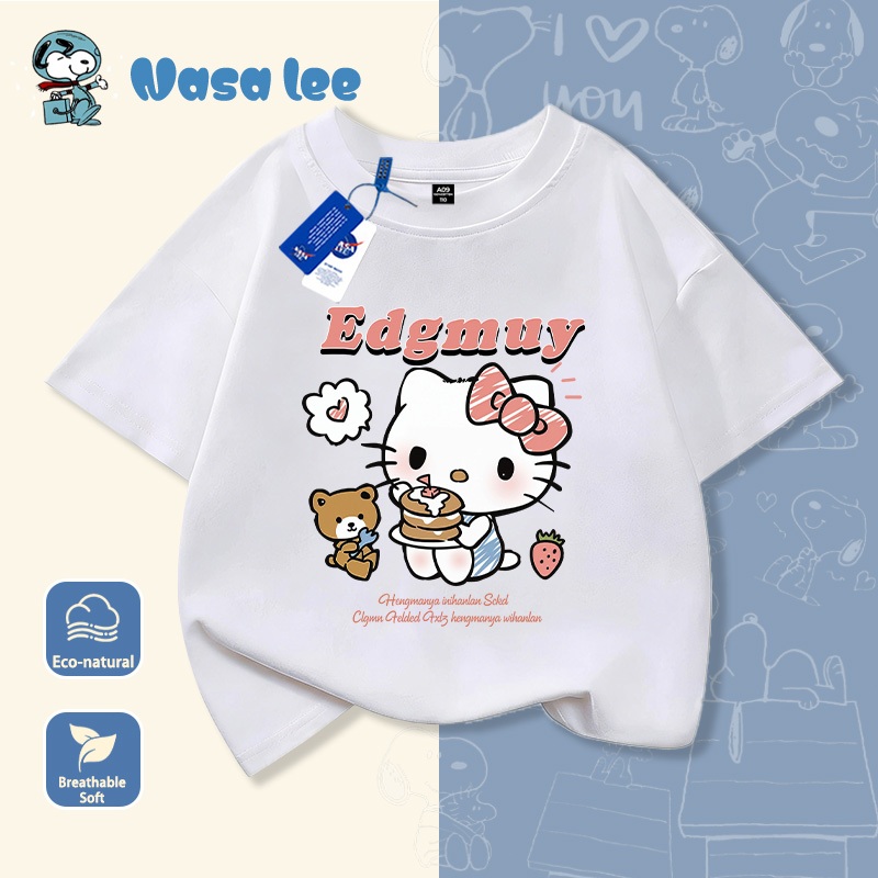 Áo thun bé gái màu đỏ in hình Hello Kitty dễ thương, họa tiết hoạt hình Hàn Quốc, chất liệu thoáng mát mặc đi học