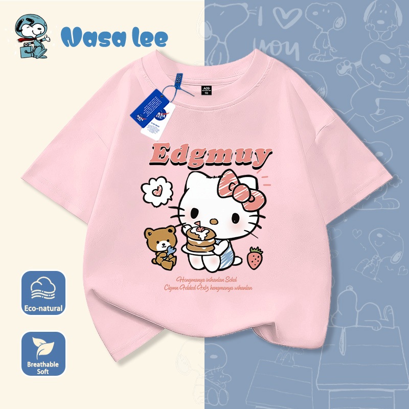 Áo thun bé gái màu đỏ in hình Hello Kitty dễ thương, họa tiết hoạt hình Hàn Quốc, chất liệu thoáng mát mặc đi học