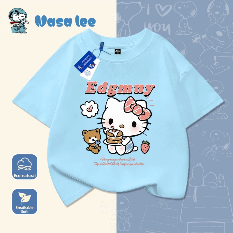 Áo thun bé gái màu đỏ in hình Hello Kitty dễ thương, họa tiết hoạt hình Hàn Quốc, chất liệu thoáng mát mặc đi học