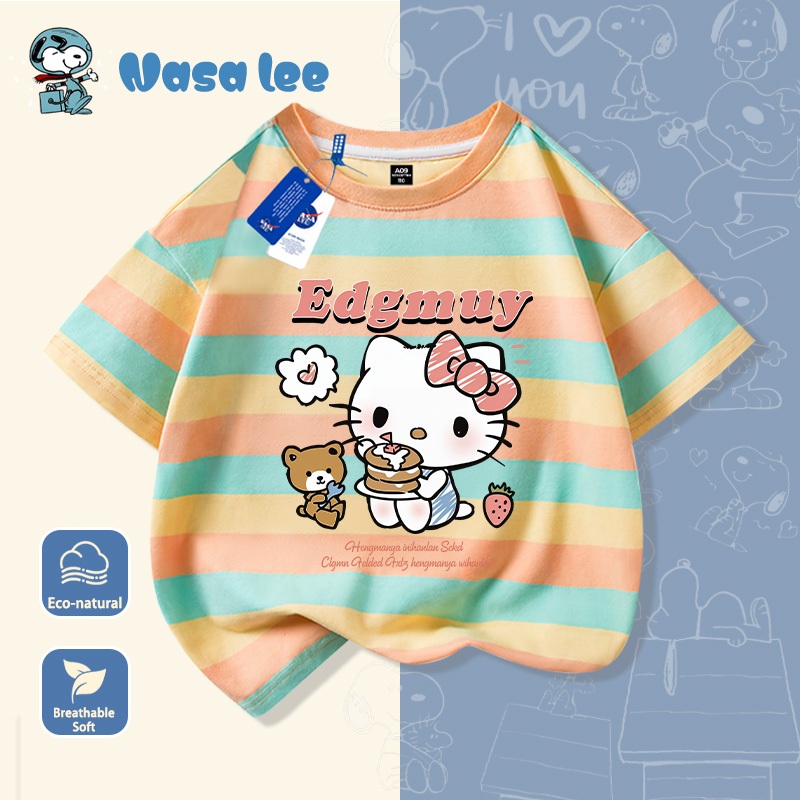 Áo thun bé gái màu đỏ in hình Hello Kitty dễ thương, họa tiết hoạt hình Hàn Quốc, chất liệu thoáng mát mặc đi học