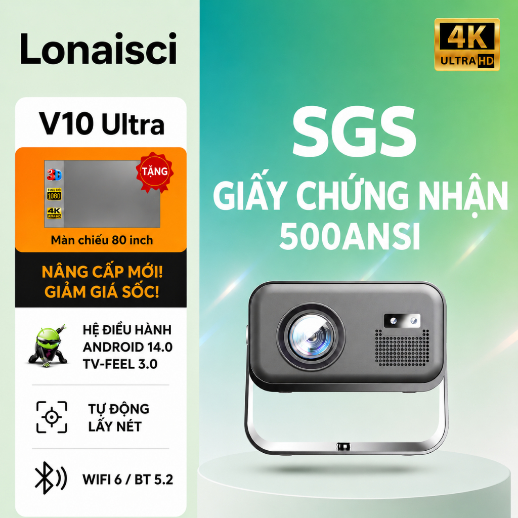 Máy Chiếu Mini V10 Ultra Android 14 Full HD 4k Tự Động Lấy Nét Tự Động Chỉnh Keystone WiFi Bluetooth YouTube Netflix Google Play