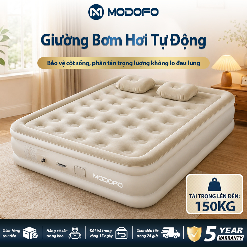 Nệm hơi tự bơm MODOFO kèm bơm điện tháo rời, đệm ngủ gấp gọn phủ nhung chống lún