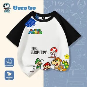 Áo thun trẻ em Super Mario, tay lỡ đen trắng, phong cách Mỹ, in hình hoạt hình, unisex bé trai gái