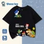 Áo thun trẻ em Super Mario, tay lỡ đen trắng, phong cách Mỹ, in hình hoạt hình, unisex bé trai gái