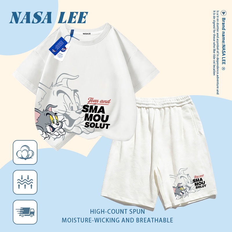 [Giao hàng trong ngày] Quần Short ngắn tay Cotton màu đỏ dành cho trẻ em Bộ đồ hoạt hình phong cách mèo khâu họa tiết in 3-16 tuổi Bé trai bé gái Bộ đồ hai mảnh thông thường