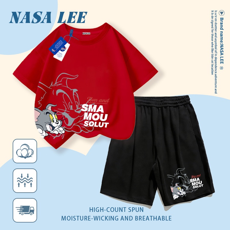 [Giao hàng trong ngày] Quần Short ngắn tay Cotton màu đỏ dành cho trẻ em Bộ đồ hoạt hình phong cách mèo khâu họa tiết in 3-16 tuổi Bé trai bé gái Bộ đồ hai mảnh thông thường
