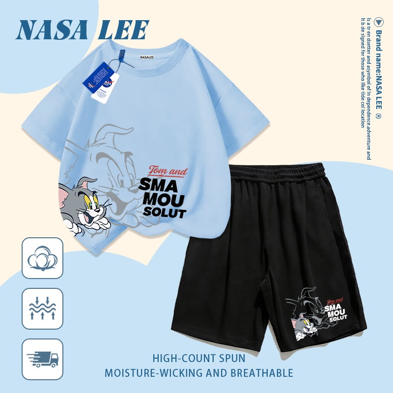 [Giao hàng trong ngày] Quần Short ngắn tay Cotton màu đỏ dành cho trẻ em Bộ đồ hoạt hình phong cách mèo khâu họa tiết in 3-16 tuổi Bé trai bé gái Bộ đồ hai mảnh thông thường