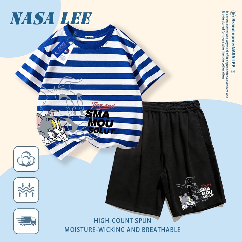 [Giao hàng trong ngày] Quần Short ngắn tay Cotton màu đỏ dành cho trẻ em Bộ đồ hoạt hình phong cách mèo khâu họa tiết in 3-16 tuổi Bé trai bé gái Bộ đồ hai mảnh thông thường