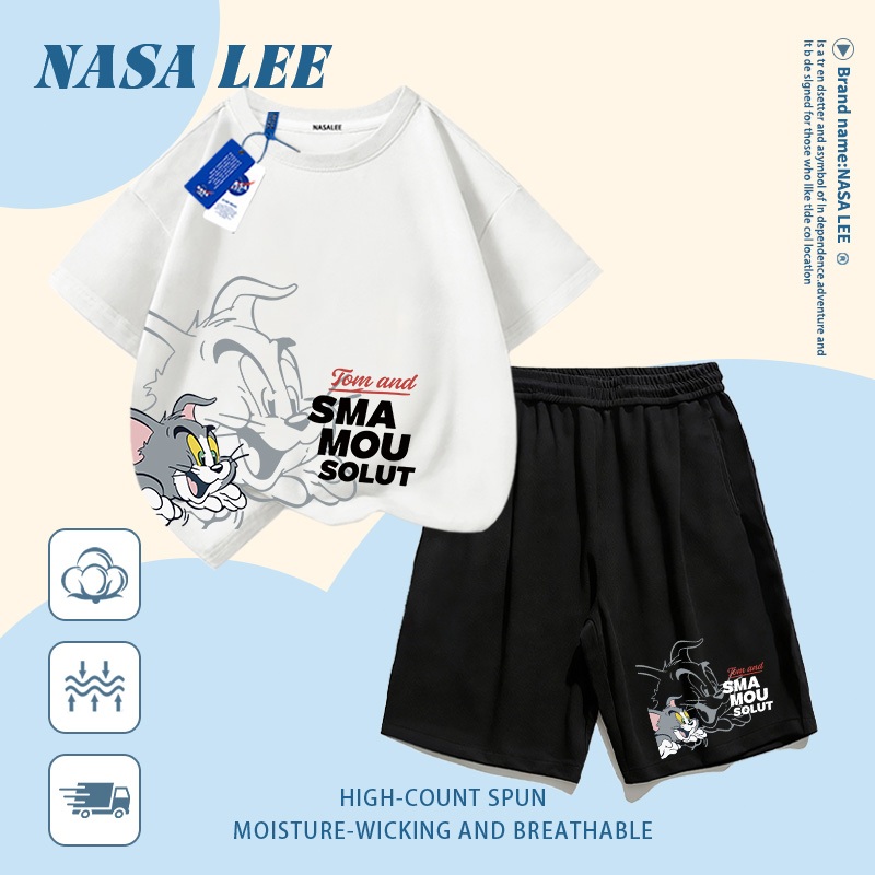 [Giao hàng trong ngày] Quần Short ngắn tay Cotton màu đỏ dành cho trẻ em Bộ đồ hoạt hình phong cách mèo khâu họa tiết in 3-16 tuổi Bé trai bé gái Bộ đồ hai mảnh thông thường