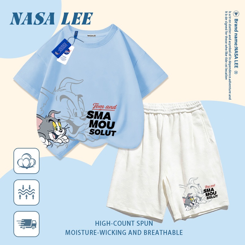 [Giao hàng trong ngày] Quần Short ngắn tay Cotton màu đỏ dành cho trẻ em Bộ đồ hoạt hình phong cách mèo khâu họa tiết in 3-16 tuổi Bé trai bé gái Bộ đồ hai mảnh thông thường