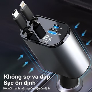 QUITEK SẠC XE HƠI 120W SIÊU NHANH, DÂY RÚT GỌN, 4 CỔNG, TƯƠNG THÍCH IPHONE VÀ ANDROID