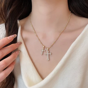 Màu Vàng Cubic Zirconia Đôi Chữ Thập Mặt Dây Chuyền Vòng Cổ, Kết Cấu Liên Kết Dây Chuyền Tối Giản Gothic Dây Chuyền Cho Nữ Hàng Ngày Dạo Phố Trang Sức