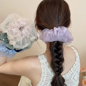Pastel Tulle Organza Scrunchie với giọng ngọc trai giả, Dây buộc tóc lưới hai lớp Thanh lịch Phụ kiện tóc mềm mại cho nữ hàng ngày