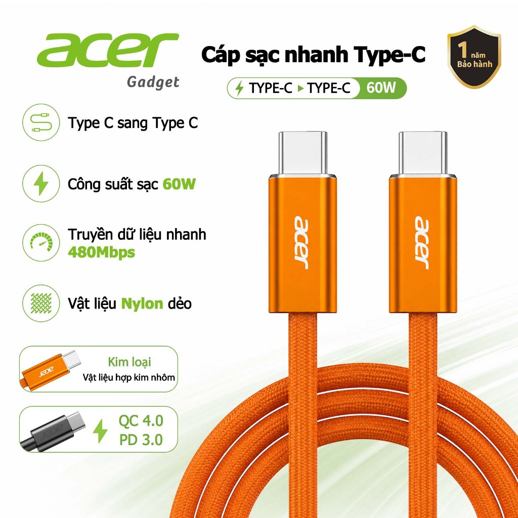 Acer Cáp sạc nhanh Type-C sang USB-C 60W PD Không Nóng Máy An Toàn Ổn Định Bảo Hành 12 Tháng Medusa truyền 480mbps Thích hợp cho IP15 16 17 18pro duo máy tính bảng máy tính xách tay UC0024