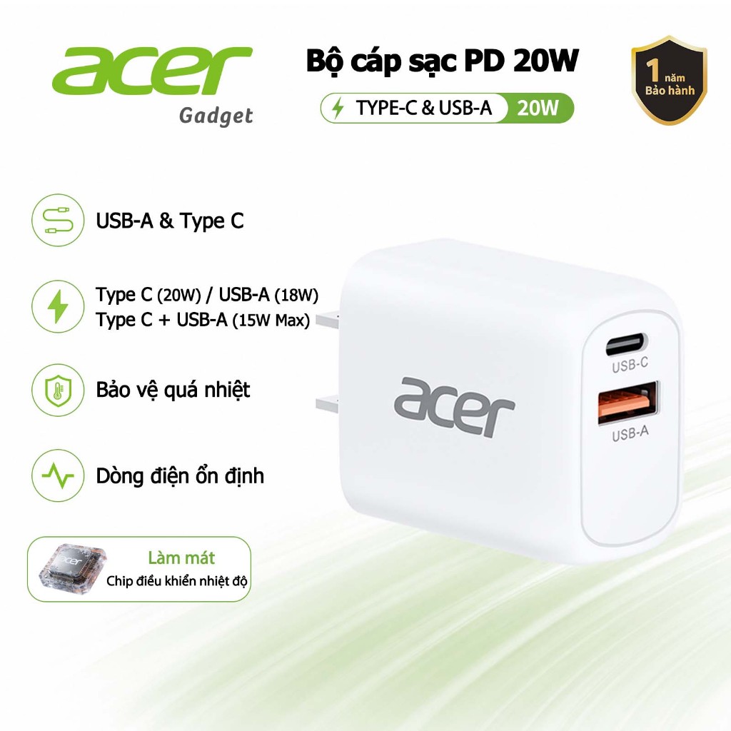 Acer Bộ sạc nhanh Type C + USB A PD 20W Power Adapter Không Nóng Máy An toàn và ổn định thích hợp cho for iP 15 14 13 12 C02 | BigBuy360 - bigbuy360.vn