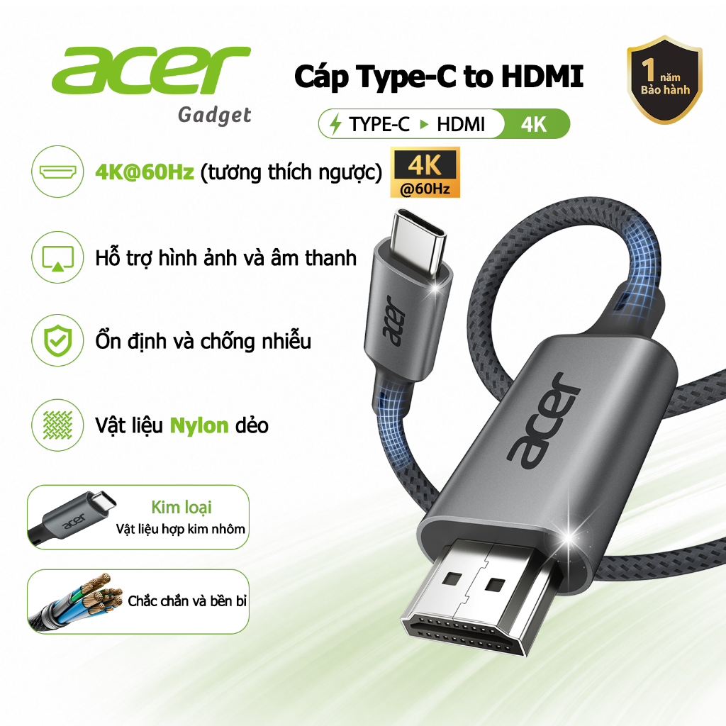 Acer Cáp chuyển đổi USB C sang HDMI 4K 2K 60Hz Type C HD Dây bện tốc độ cao Lõi đồng nguyên chất cho văn phòng tại nhà Tương thích với điện thoại Microsoft Laptop UC412 | BigBuy360 - bigbuy360.vn