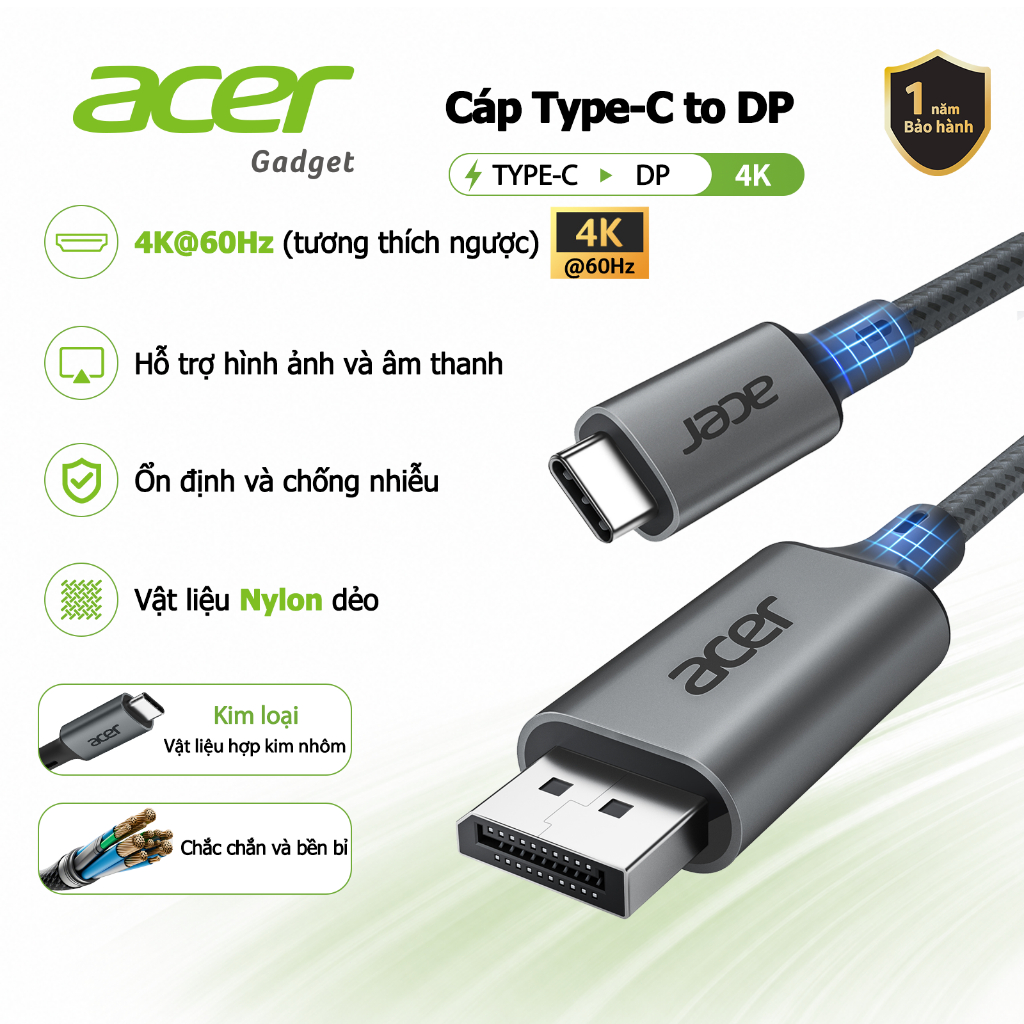 Acer Cáp chuyển đổi USB C sang DP 4K 60HZ 2K 165Hz Dây Type-C to DisplayPort Nhôm chắc chắn Cắm & Chạy cho màn hình/ máy chiếu/ hdtv/ máy tính xách tay UC413