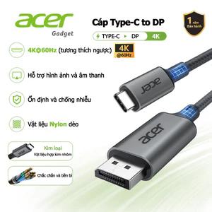 Acer Cáp chuyển đổi USB C sang DP 4K 60HZ 2K 165Hz Dây Type-C to DisplayPort Nhôm chắc chắn Cắm & Chạy cho màn hình/ máy chiếu/ hdtv/ máy tính xách tay UC413