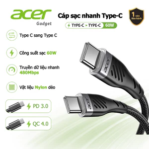 Acer Dây cáp sạc nhanh ip Type C USB-C sang USB-C sạc nhanh 60W thiết kế bện nylon 3 chiều dài (1m / 1.5m / 2m) truyền ổn định 480Mbps tương thích với điện thoại di động máy tính bảng máy tính xách tay UC0021