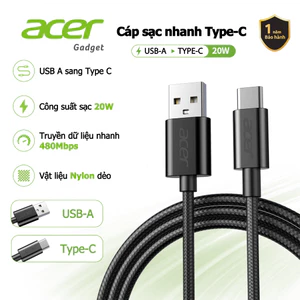 Acer Dây cáp sạc nhanh Type C 20W USB-A to USB-C Truyền dữ liệu 480Mbps Bộ Dây bện Nylon Tương thích với máy tính xách tay và cáp sạc xe chơi game bền UC0018