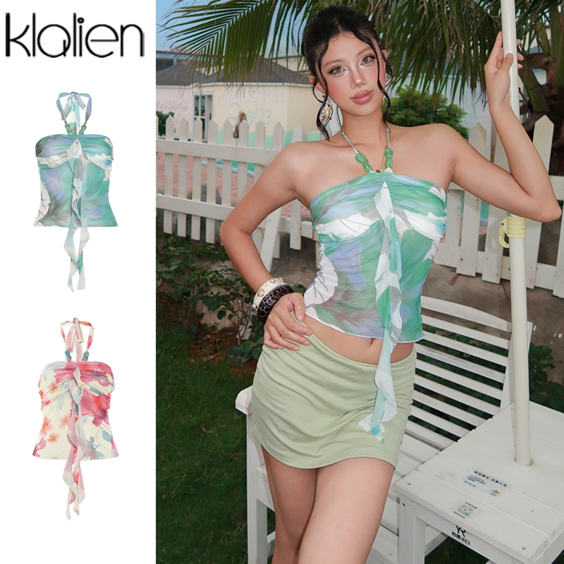 Klalien Playful Youthful Crop Top Với Dây In Retro Cổ Và Hình Giảm Béo Ôm Thiết Kế