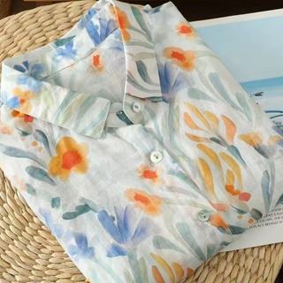 Áo sơ mi nữ tay dáng rộng in hoa 3 / 4 phong cách Hàn Quốc