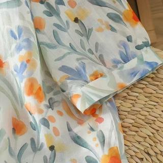 Áo sơ mi nữ tay dáng rộng in hoa 3 / 4 phong cách Hàn Quốc