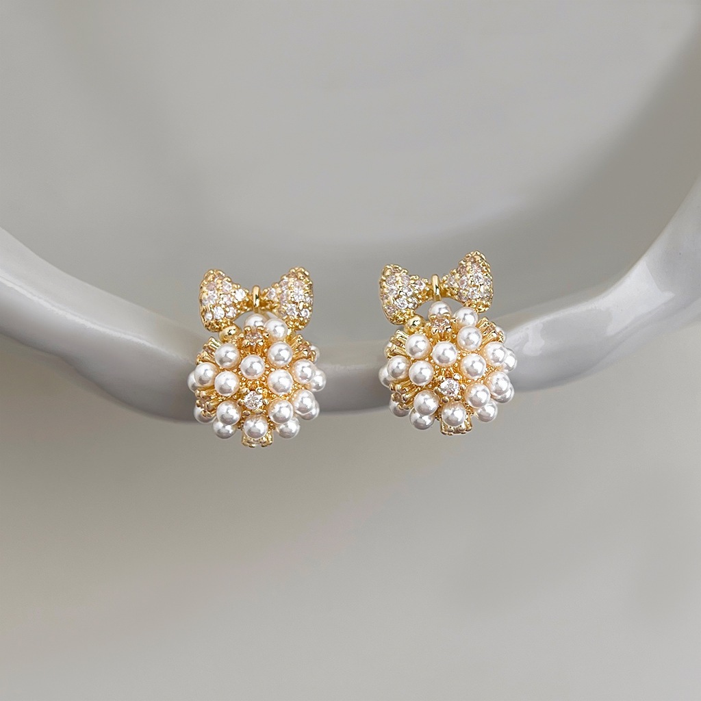 Bông Tai Nơ Ngọc Trai Đính Đá Zircon Phong Cách Hàn Quốc