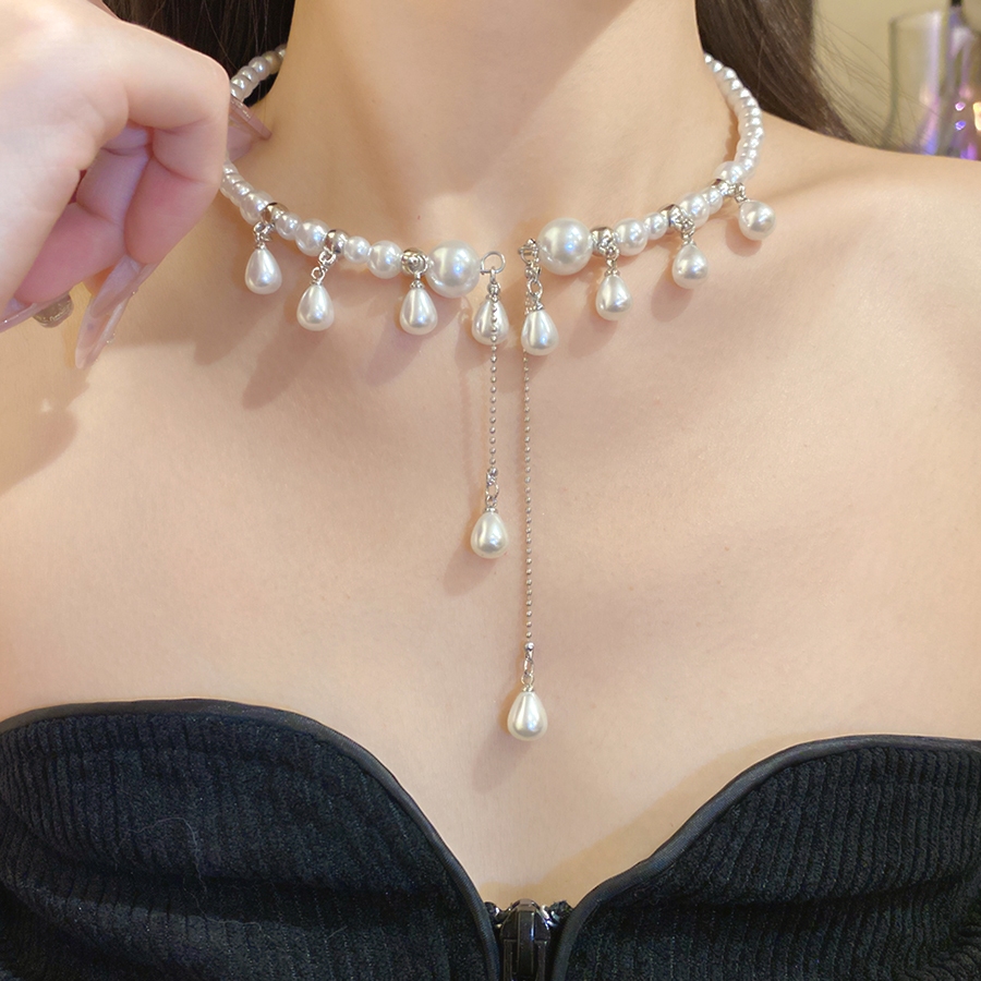Vòng cổ choker nữ ngọc trai giả màu bạc hình giọt nước & sao tua rua dài điều chỉnh được - Trang sức thanh lịch phù hợp tiệc cô dâu & buổi tối