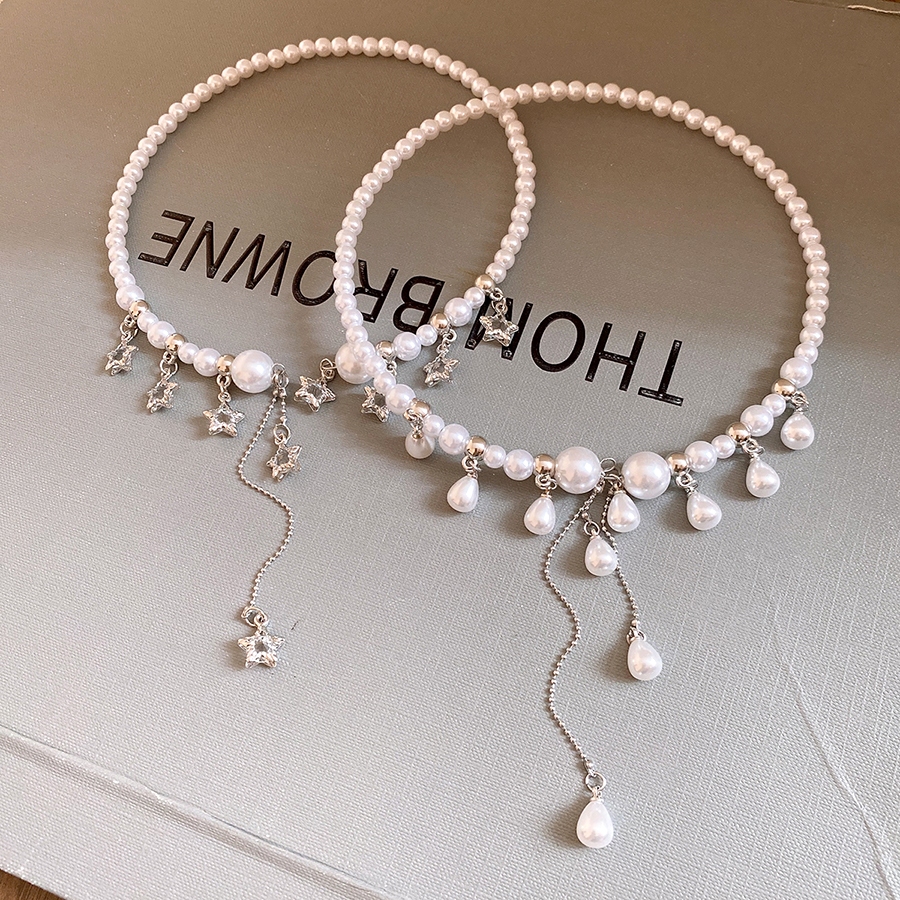 Vòng cổ choker nữ ngọc trai giả màu bạc hình giọt nước & sao tua rua dài điều chỉnh được - Trang sức thanh lịch phù hợp tiệc cô dâu & buổi tối