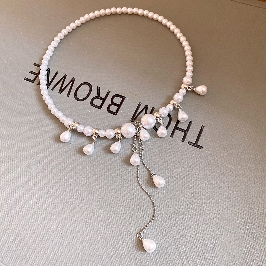 Vòng cổ choker nữ ngọc trai giả màu bạc hình giọt nước & sao tua rua dài điều chỉnh được - Trang sức thanh lịch phù hợp tiệc cô dâu & buổi tối