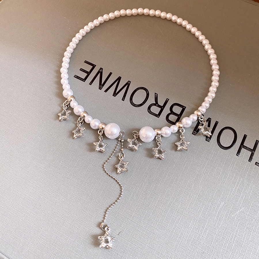 Vòng cổ choker nữ ngọc trai giả màu bạc hình giọt nước & sao tua rua dài điều chỉnh được - Trang sức thanh lịch phù hợp tiệc cô dâu & buổi tối