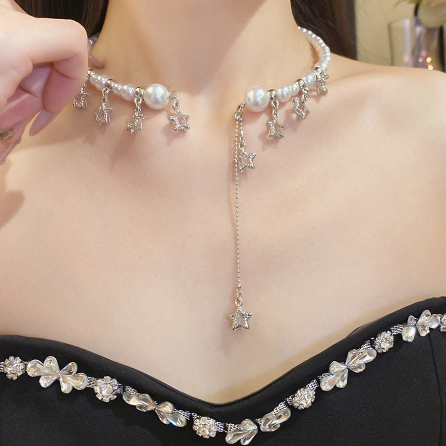Vòng cổ choker nữ ngọc trai giả màu bạc hình giọt nước & sao tua rua dài điều chỉnh được - Trang sức thanh lịch phù hợp tiệc cô dâu & buổi tối