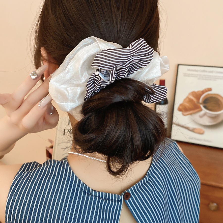 Satin Scrunchies với chấm bi & sọc in, Dây buộc tóc lớn thanh lịch, Phụ kiện tóc thông thường mềm mại dành cho nữ mặc hàng ngày & văn phòng